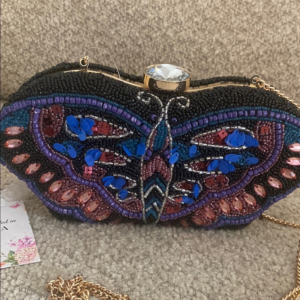Beaded Butterfly Crossbody Clutch - Black & Blue